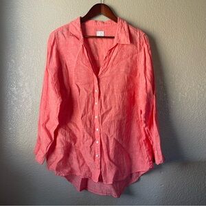 Sigrid Olsen Womens 1X 100% Linen Coral V Neck Roll Tab Button Down Shirt